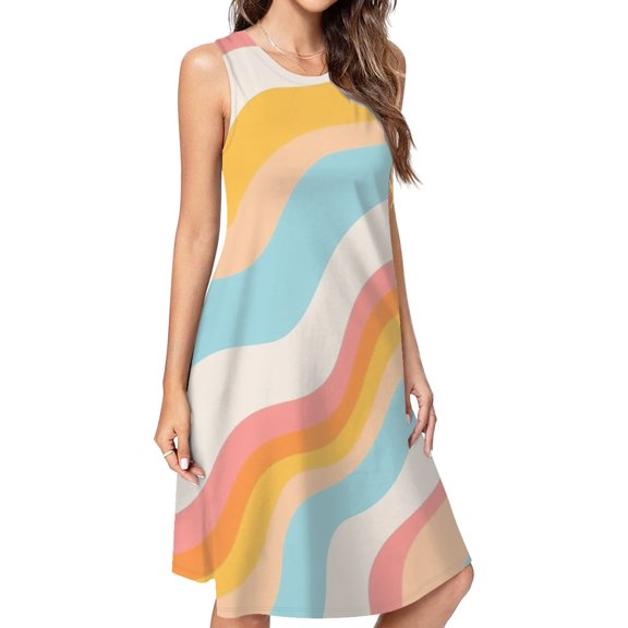 Pastel Wavy Abstract Design Spring Summer Dresses For Women Fashion Dress Casual Sleeveless Loose Sundress With Pockets