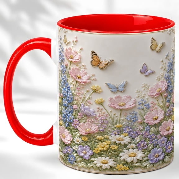 Pastel Wildflower Coffee Mug, Butterfly Floral Mug, Ceramic Cup