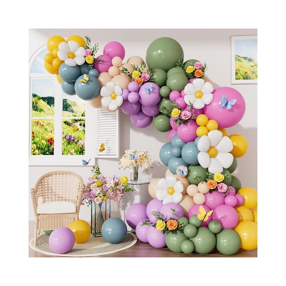 Pastel Wildflower Daisy Balloon Arch Kit,152 Pcs Retro&Floral Balloon Garland,Perfect for Boho Fairy-Core Parties,Shower,BirthdayWedding Backdrop,Event Decor,Pink,Green,Purple,Blue,Yellow,Beige