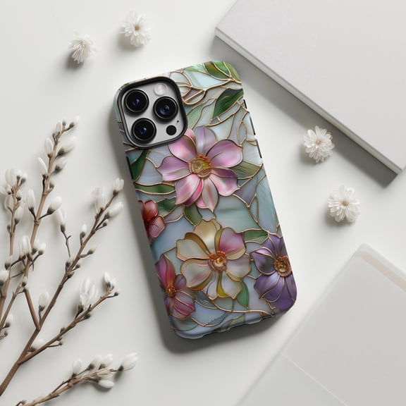 Tough 2 Layer Shockproof Protective Case Compatible with iPhone 17, Pastel Wildflower Stained Glass Floral Design