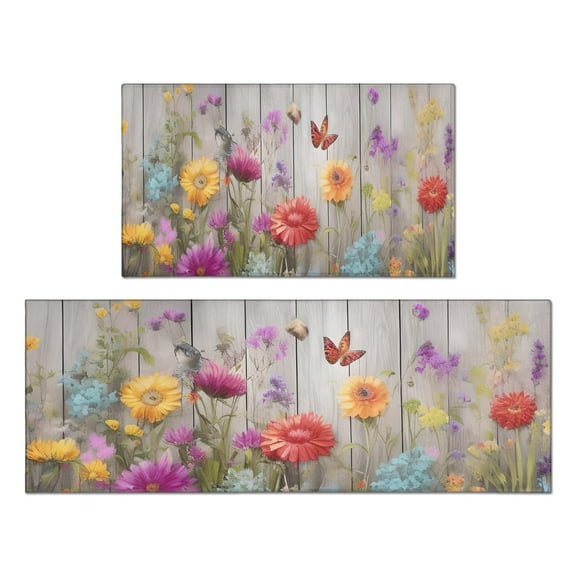 Pastel Wildflowers Classic Design Gentle Floral Violet Pink Kitchen Rug 2 Piece Set Cushioned and Non-Skid Washable Floor Mat for Home Kitchen Decor or Office 17x29+17x47 Inch