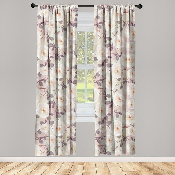 Pastel Window Curtains, Vintage Floral Blooming Wild Rose and Leaves on Soft Colored Rounds, Lightweight Decor 2-Panel Set with Rod Pocket, Pair of - 28"x84", Eggshell and Multicolor, by Ambesonne