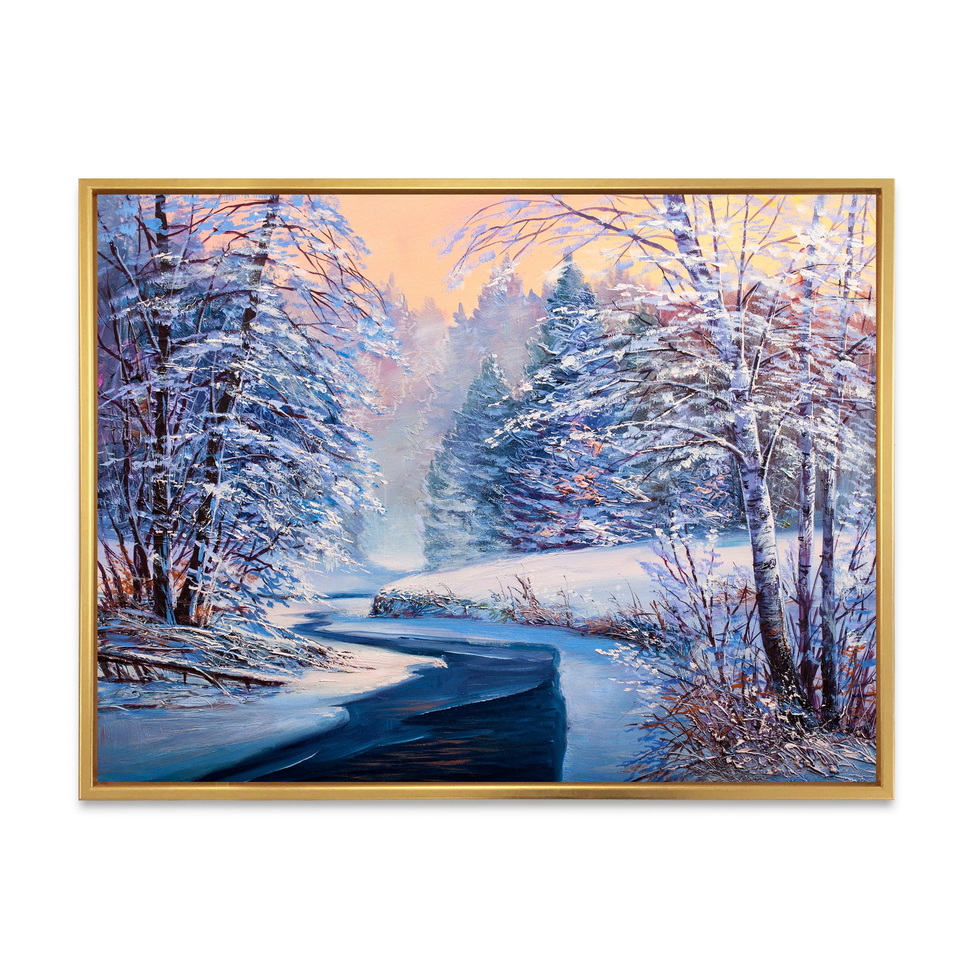 Pastel Winter Forest With River 40 in x 30 in Framed Photography Canvas Art Print, by Designart