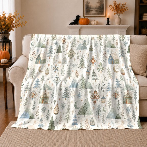 Pastel Winter Houses Trees Mountains And Moons, Soft Flannel Blanket with Soft Scandinavian Folk Print, Housewarming Gift and Home Decor for Bedroom and Living Room