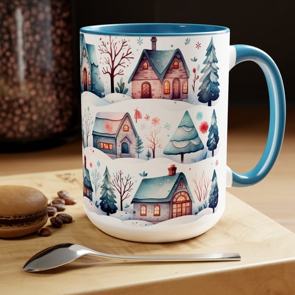 Pastel Winter Village Mug Retro Snowy Houses Coffee Cup with Christmas Trees Cozy Holiday Ceramic