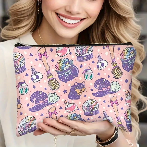Pastel Witchy Halloween Makeup Bag 9x7 Inch Pink Magic Broom Cat Cauldron Zipper Cosmetic Pouch Travel Toiletry Storage Gift