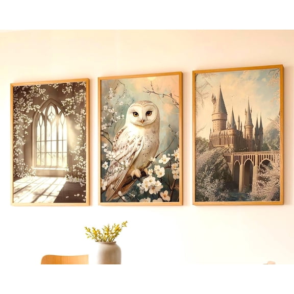 Pastel Wizard School Wall Art Boho Green Magical Castle Set 3 Unframed Paper Print 8x12