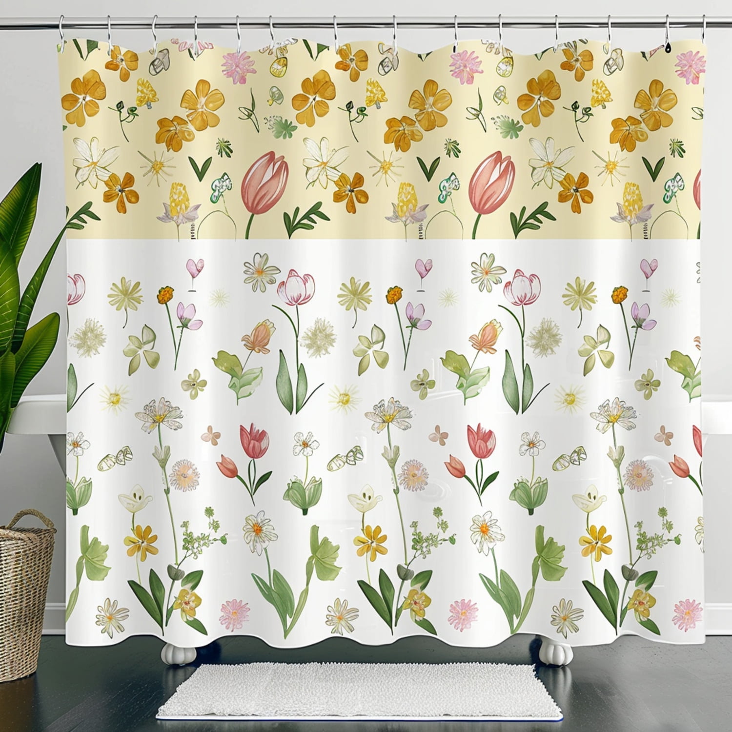 Pastel Yellow Floral Easter Bathroom Set Shower Curtain Towel Tulips ...