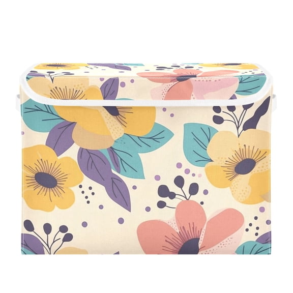 Pastel Yellow Pinkish Florals Leaves Foldable Storage Bin with Lid and Handle Collapsible Storage Box 16.5 x 12.6 x 11.8 inches
