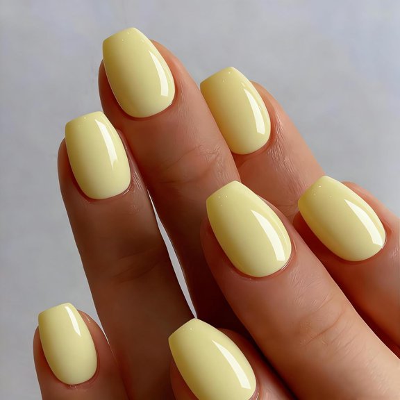 Pastel Yellow Press On Nails Short Square, Short Coffin Fake Nails with Glue, Neutral Glossy Stick Glue on Nails for Women, Reusable UV Finish Acrylic False Nail Set, Creamy Butter 30 Pcs
