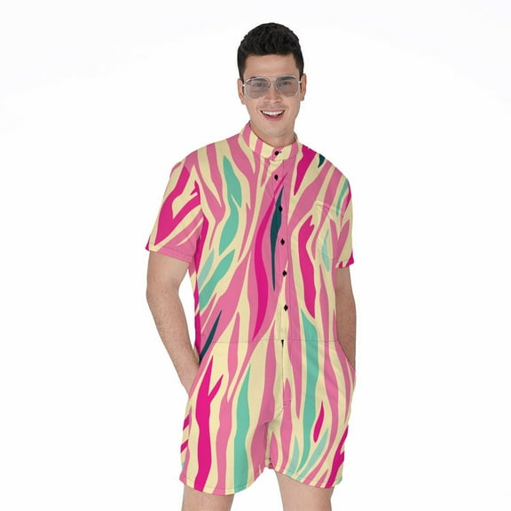 Pastel Zebra Pattern Short Sleeve Men'S Rompers Casual Summer Jumpsuits Outfit