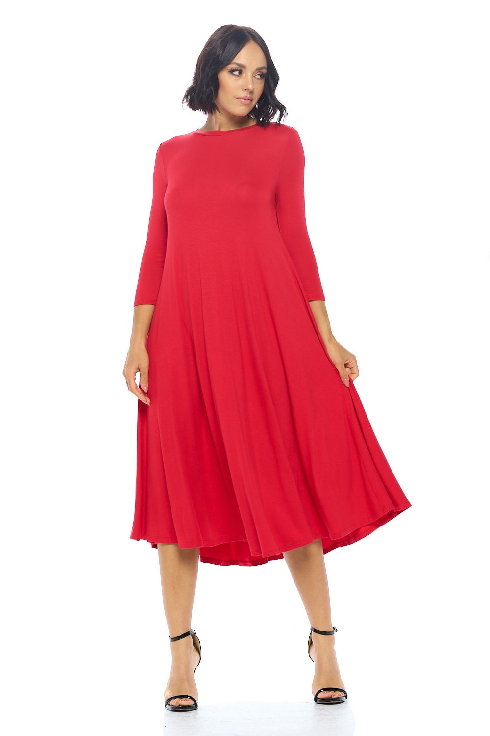 Women Floral Velvet Midi Dress Three Quarter Sleeve