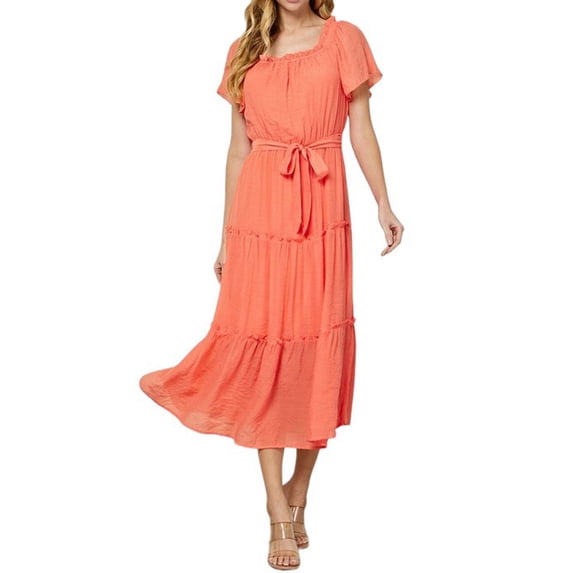 Pastel by Vivienne Women's Frill Hem Flutter Sleeve Ruffle Tiered Maxi Easygoing Loose Flowy Dress with Tie Orange Small