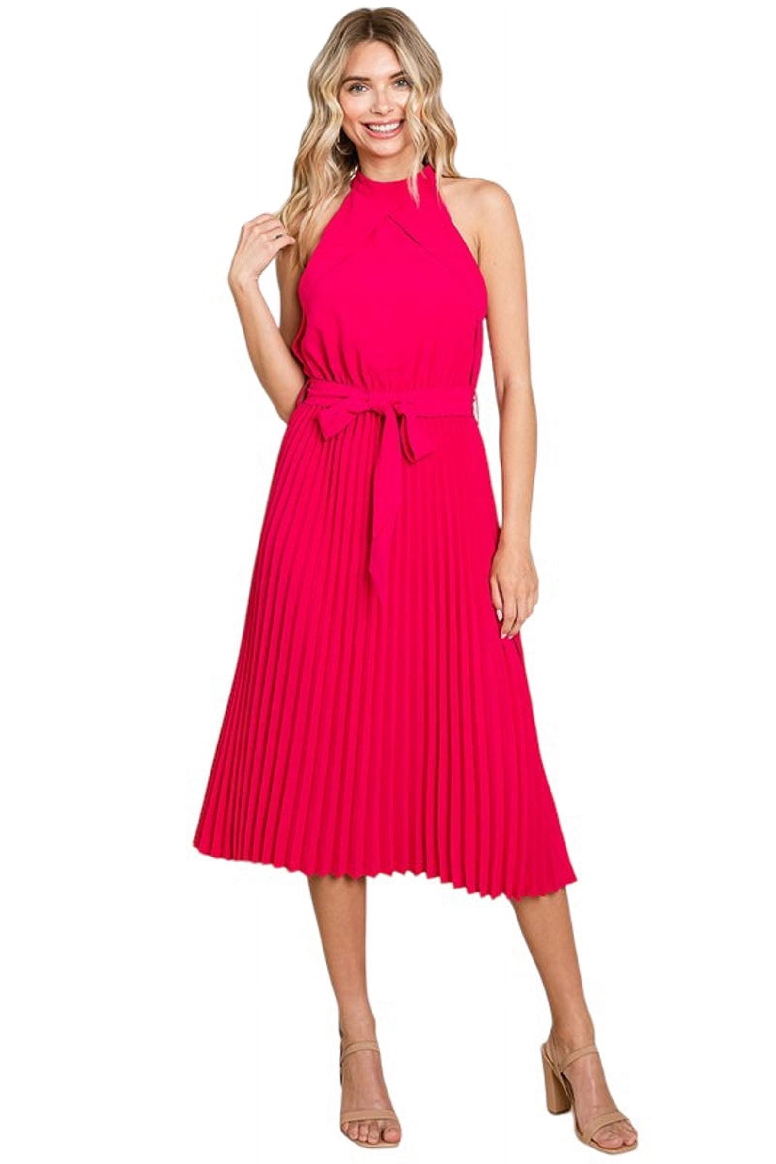 Pastel by Vivienne Women's Pleated Self Tie Waist Halter Dress Fuchsia ...