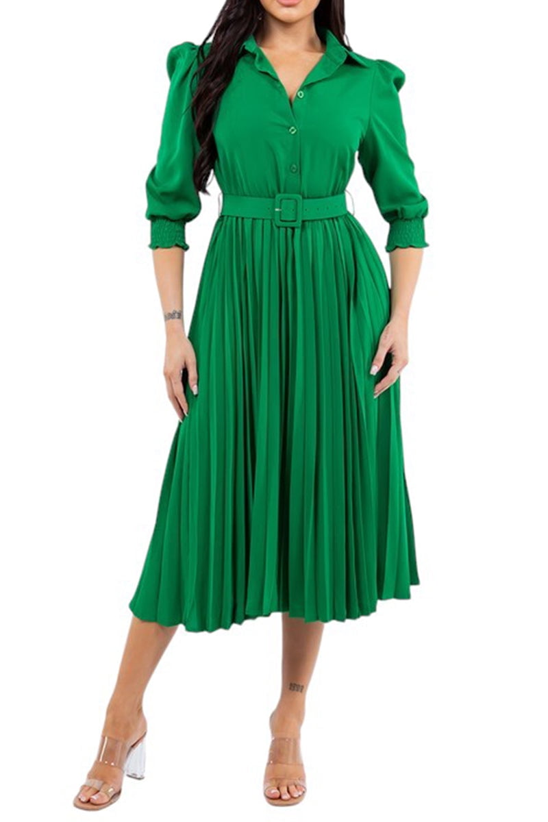 Pastel by Vivienne Women's Shirt Dress with Pleated Midi Skirt  Three-Quarter Sleeve Belt Green Large - Walmart.com