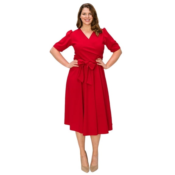 Pastel by Vivienne Women's Wrap Midi Dress with Puff Shoulder Plus Size Red XX-Large