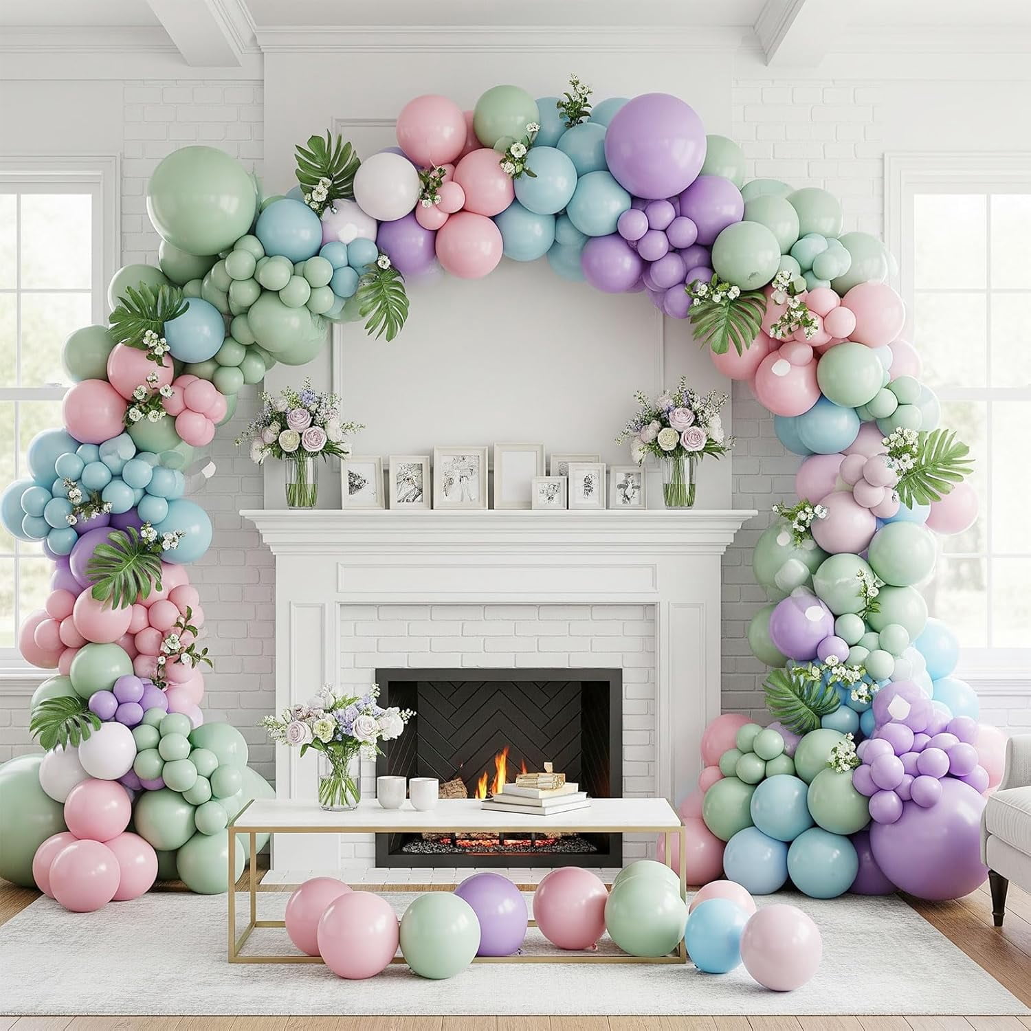 Pastel colors balloon arch kit with pink blue purple green balloons for spring summer Boho Party decorations