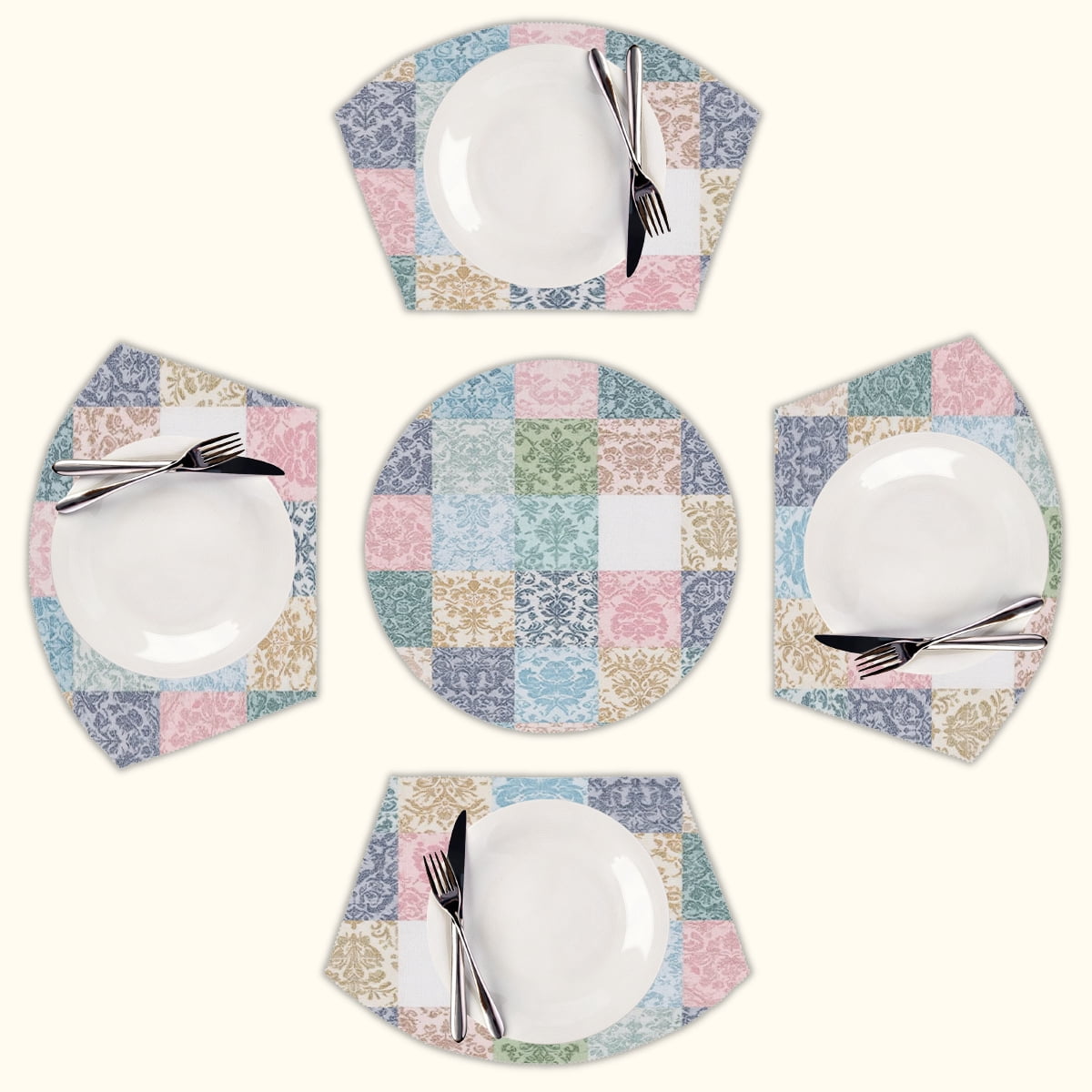 Pastel damask patchwork quilt Round Table Placemats Set Of 5 Wedge ...