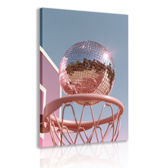 Pastel disco basketball wall art canvas frame, pink basketball hoop, preppy style bedroom/dormitory decoration for teenagers.