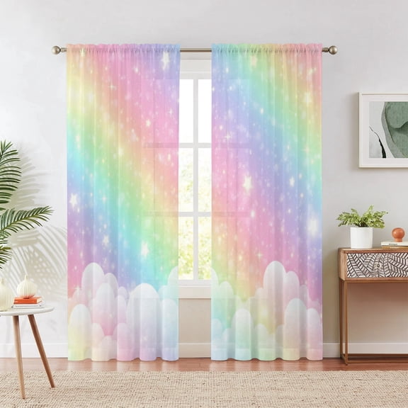 Pastel gradient rainbow curtains, 52x84in rod pocket style, two-piece set, sky, clouds, stars, girl's bedroom, princess style children's room curtains.