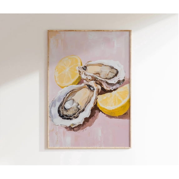 Pastel pink oysters Poster shell lemons kitchen trendy sea food dining ...