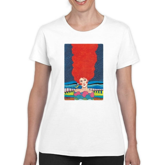 Pastell Fire Woman With A Bird T-shirt Women's -Hulya Ozdemir Designs, Female Small