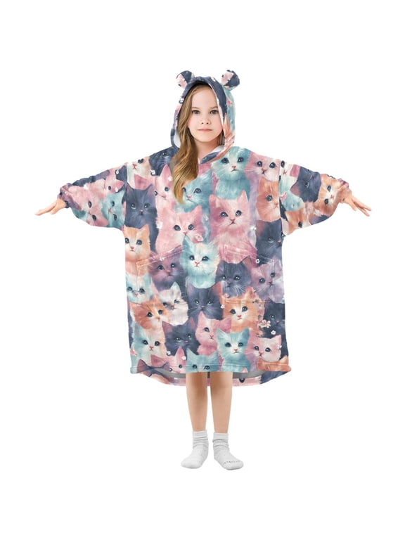 Pastle Cute Cat Pattern Kids Wearable Blanket Hoodie Toddler Oversized Sherpa Sweatshirt 3-14 YR S