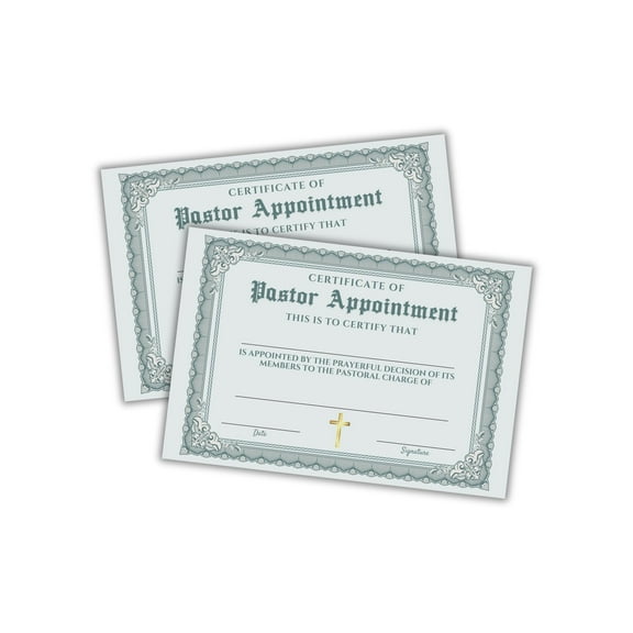 Pastor Certificate of Appointment 12pk 6x9 Cardstock New Church Member Green Recognition Award Pastoral Ordination License Custom Ministry Christian Honor