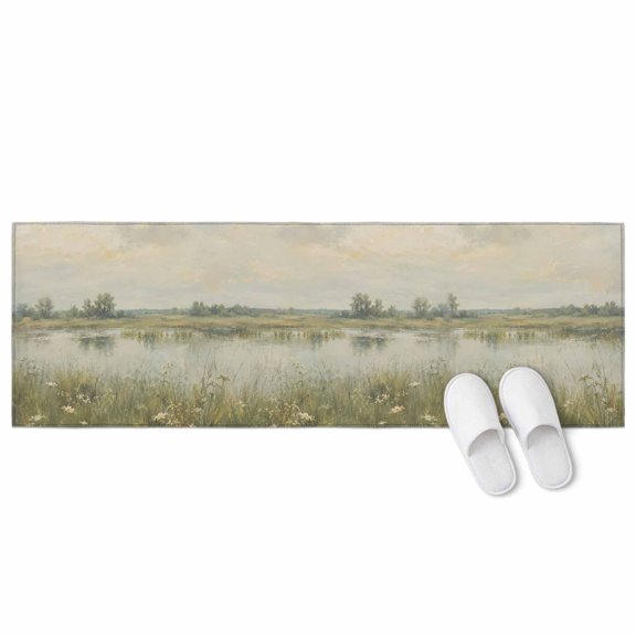 Pastoral 2 Pieces Non-Slip Kitchen Mat Set, Rustic Country Green Meadow Reeds Water Puddle Landscape Soft Door Mat with Rubber Backing, Dirtproof Rugs for Entrance Doorway, 15.7 x 47.2in
