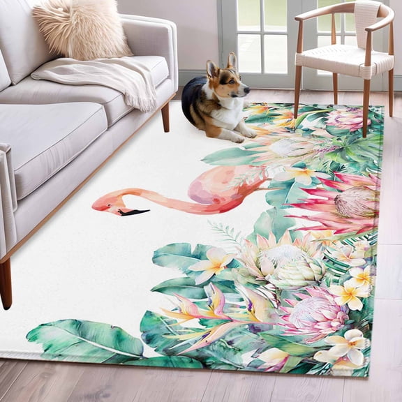 Pastoral Area Rugs 4x6 ft Watercolors Green Tropical Floral Plants Flaming Birds Washable Rug Non Slip Indoor Carpet Absorbent Floor Mat for Living Room Bedroom Dining Room