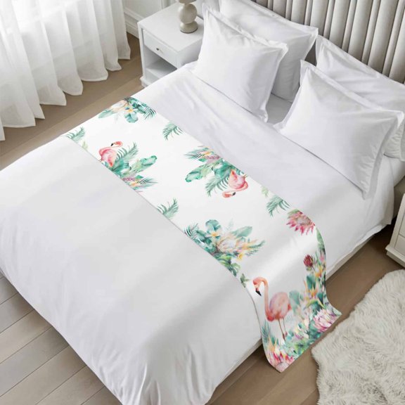 Pastoral Bed Runner Scarf, Watercolors Green Tropical Floral Plants Flaming Birds Twin Bed Scarf Runner, No Fading Decorative Bedding Scarf for Bedroom Hotels Homes and Guestrooms