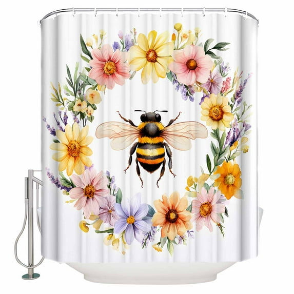 Pastoral Bee Wreath Shower Curtains for Bathroom Waterproof Fabric Bath Curtains Decor Bath Tub Curtain Spring Watercolor Flowers Decorative Shower Curtain Sets with 12 Hooks, 72x72 Inch