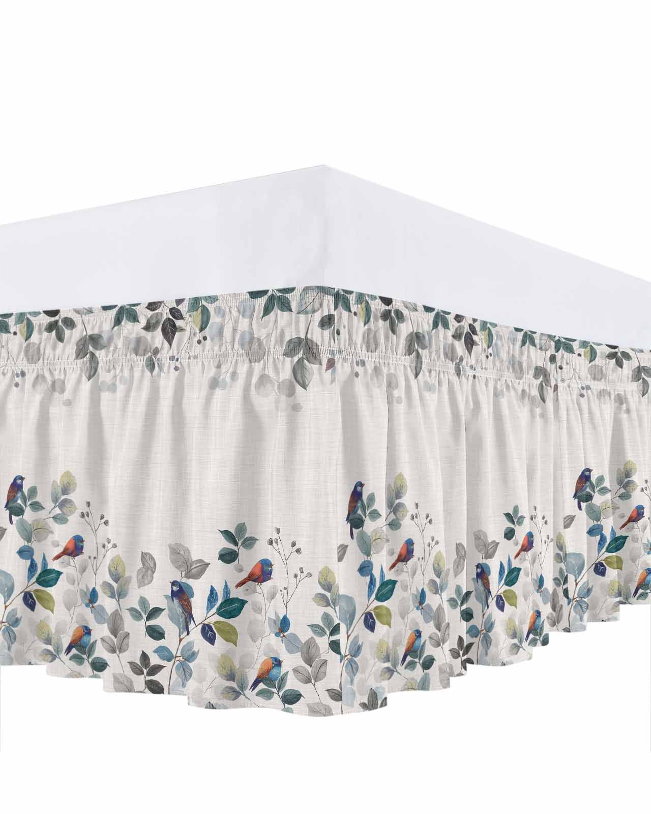 Pastoral Bird Ruffle Bed Skirt King Size Eucalyptus Leaves Farmhouse ...