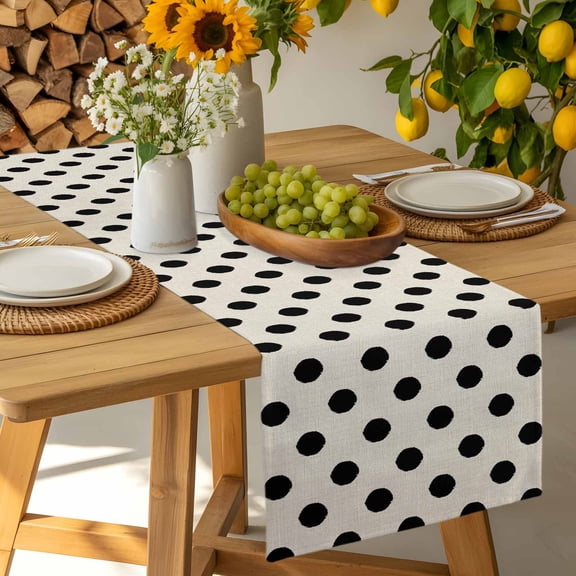 Pastoral Black Polka Dots on Vintage Linen Table Runner-36 Inch Long Wave Point Table Runners Linen Burlap Tablerunner for Kitchen Dining Room Holiday Party