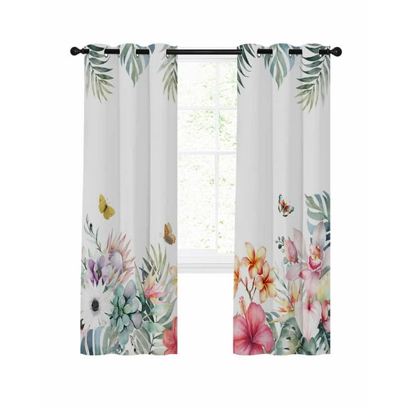 Pastoral Blackout Curtains for Bedroom Living Room, Watercolor Tropical Floral Palm Leaves Butterflies 63 In Long Thermal Insulated Room Darkening Drapes Grommet Window Treatments, 42 x 63 In