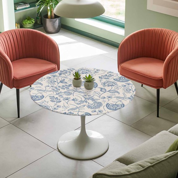 Pastoral Blue Ethnic Flower Plant Round Fitted Tablecloth with Elastic Edge,Waterproof Table Cloth Fits Tables Up to 36"-44",Washable Table Cover for Indoor Outdoor,Abstract Floral Sketch Linen