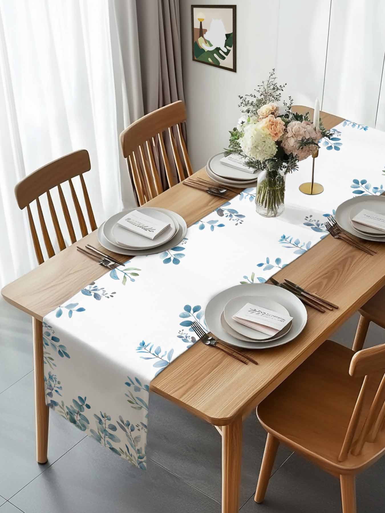 Pastoral Blue Eucalyptus Leaves Table Runner 90 Inches Long, Idyllic Botanical on White Table Runners Tabletop Scarf Kitchen Dining Tables Decoration for Home Party Indoor Outdoor