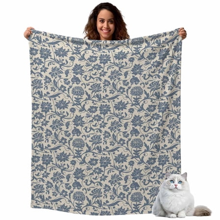 Pastoral Blue Wildflower Retro Linen Throw Blanket Flannel Fleece Throws, Abstract Floral Texture Lightweight Super Soft Warm Blankets for Couch Sofa Bed All Season Use, 40x50 in