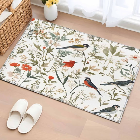 Pastoral Botanical Bathroom Mats 2x3 FT, Non Slip Small Kitchen Mat, Summer Birds Spring Floral Washable Soft Backed Front Door Throw Rugs Non-Shedding Indoor Outdoor Doormat for Entryway Sink
