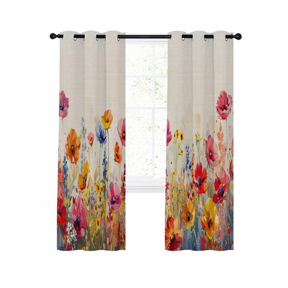 Pastoral Botanical Blackout Curtains 45 Inches Long for Bedroom,Watercolor Spring Summer Flowers Rustic Thermal Insulated Room Darkening Black Out Window Curtain Panels Grommet Drapes for Living Room