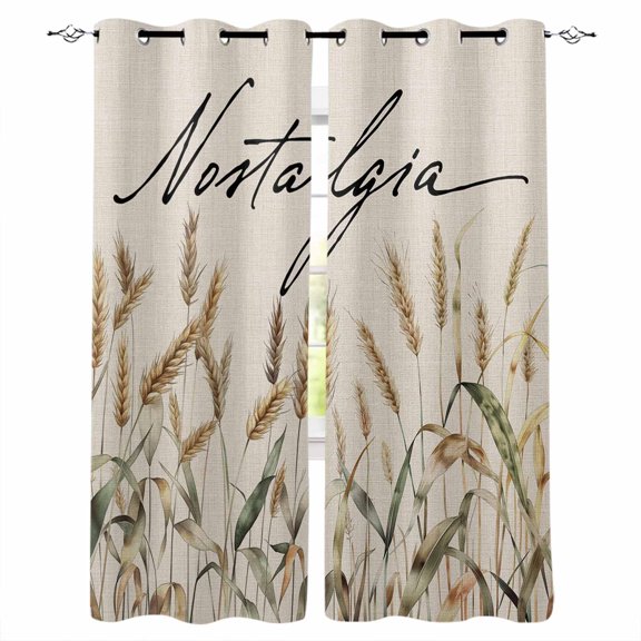 Pastoral Botanical Blackout Curtains for Bedroom/Living Room, Thermal Insulated Kitchen Curtains, Vintage Fall Wheat Rustic Botanical Grommet Darkening Window Treatment Drapes 52"x63"x2