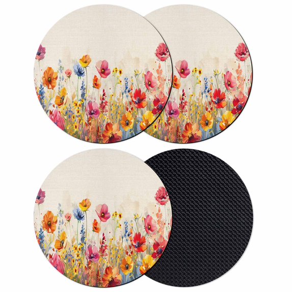 Pastoral Botanical Coasters Set of 4, Watercolor Spring Summer Flowers Rustic Absorbent Coasters for Drinks, Coaster for Bar Office Dining Coffee Table Accessories Decor, Non Slip Round Desk Coaster