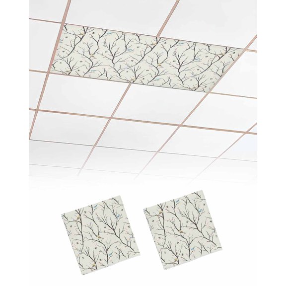 Pastoral Botanical Fluorescent Light Covers for Ceiling Lights 4x2 feet,2 Pack Magnetic Light Filters for Classroom,Vintage Branch Birds Floral Fluorescent Light Shade Panel for Office School Drop