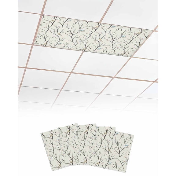 Pastoral Botanical Fluorescent Light Covers for Ceiling Lights 4x2 feet,4 Pack Magnetic Light Filters for Classroom,Vintage Branch Birds Floral Fluorescent Light Shade Panel for Office School Drop