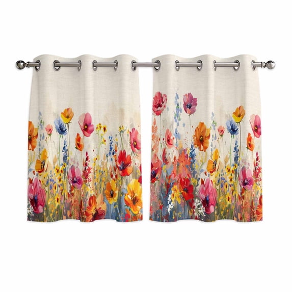 Pastoral Botanical Kitchen Curtains Short 45 Inch Length, Watercolor Spring Summer Flowers Rustic Grommet Top Bedroom Living Room Curtains, Light Filtering Cafe Curtain Drapes 2 Panels Set 84''x45''