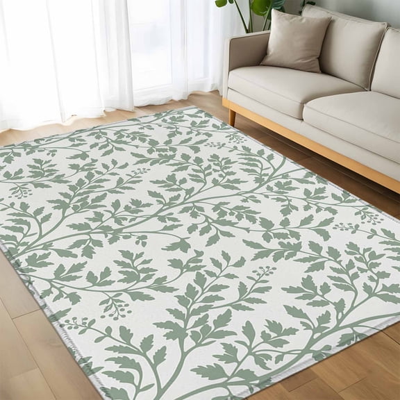 Pastoral Botanical Leaves Silhouette Floor Carpet Living Room Rug, Green Plant Branches Non-Slip Welcome Mat Indoor Rugs for Bedroom Dining Room