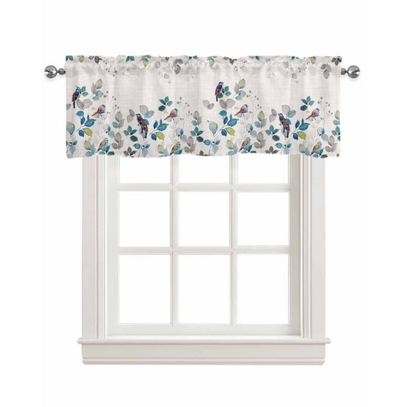 Pastoral Botanical Linen Curtain Valance for Bedroom/Bathroom/Kitchen/Office/Living/Dining Room Window,Blue Teal Leaf Farmhouse Rustic Rod Pocket Topper Decorative Cafe Drapes Panel 42"x12"