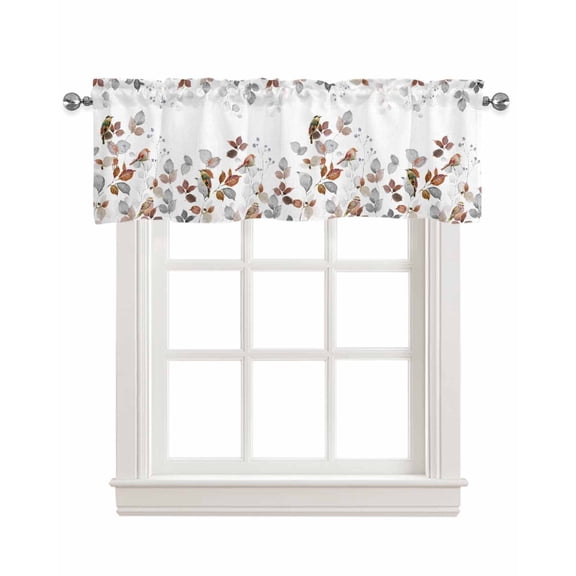 Pastoral Botanical Linen Curtain Valance for Bedroom/Bathroom/Kitchen/Office/Living/Dining Room Window,Brown Grey Leaf Farmhouse Country Rod Pocket Topper Decorative Cafe Drapes Panel 54"x18"