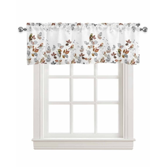 Pastoral Botanical Linen Curtain Valance for Bedroom/Bathroom/Kitchen/Office/Living/Dining Room Window,Brown Grey Leaf Farmhouse Country Rod Pocket Topper Decorative Cafe Drapes Panel 54"x18"