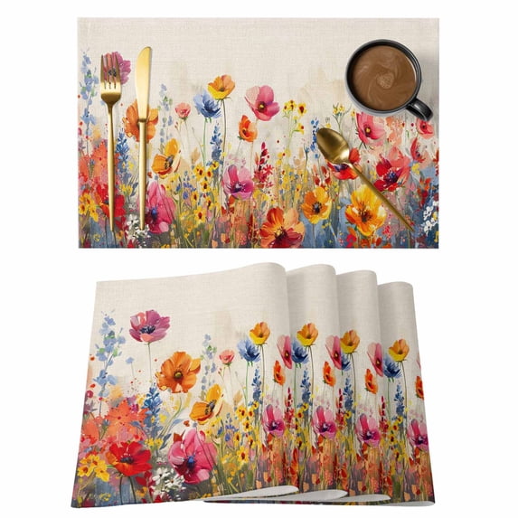 Pastoral Botanical Placemats Set of 8,Cotton Linen Fabric Place Mats,Watercolor Spring Summer Flowers Rustic Decorative Table Mats Protector for Home Kitchen Dining Wedding Party Coffee Tables